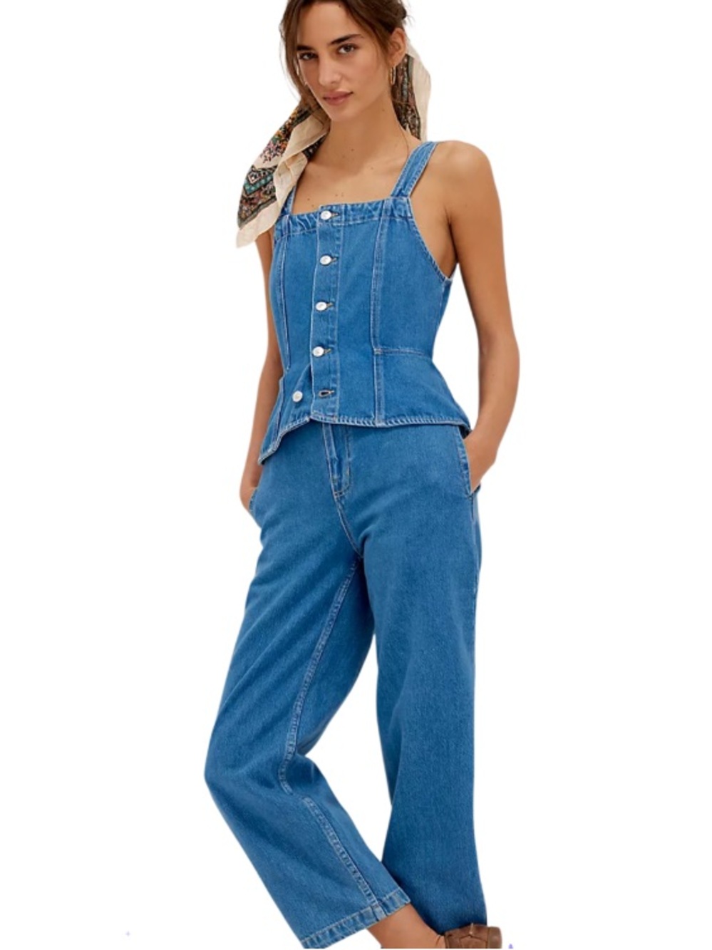 We The Free Denim Jumpsuit. Back detailing. Pockets. Size L. stretchy.